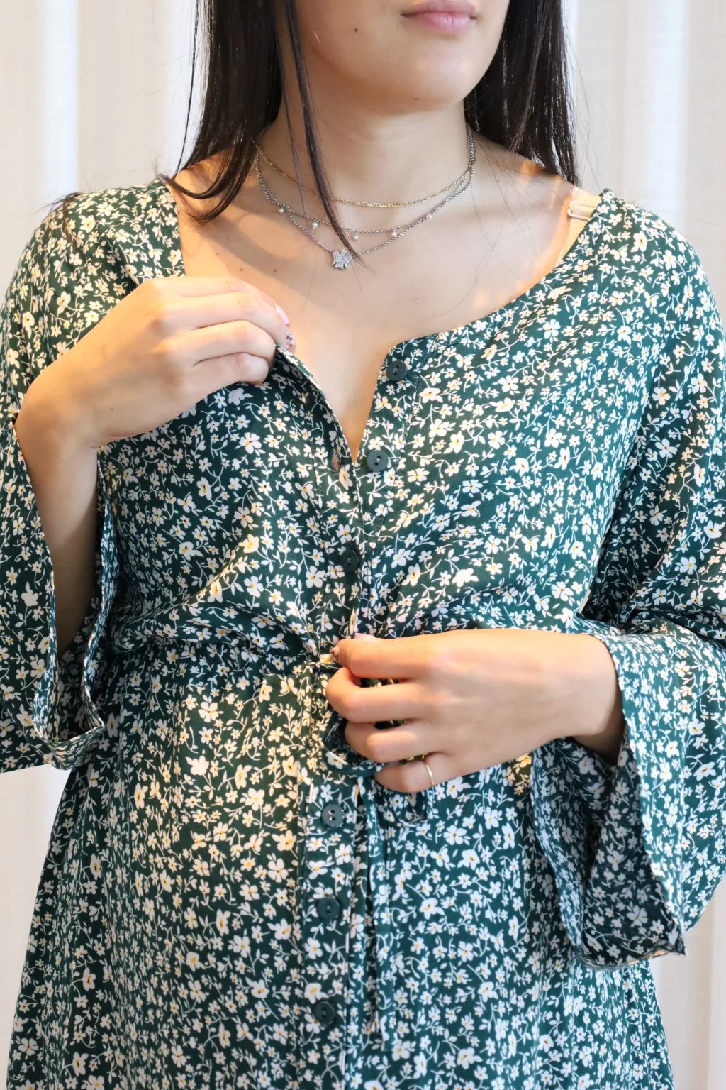 Robe fleurie à manches longues - vert fougère - Image 3